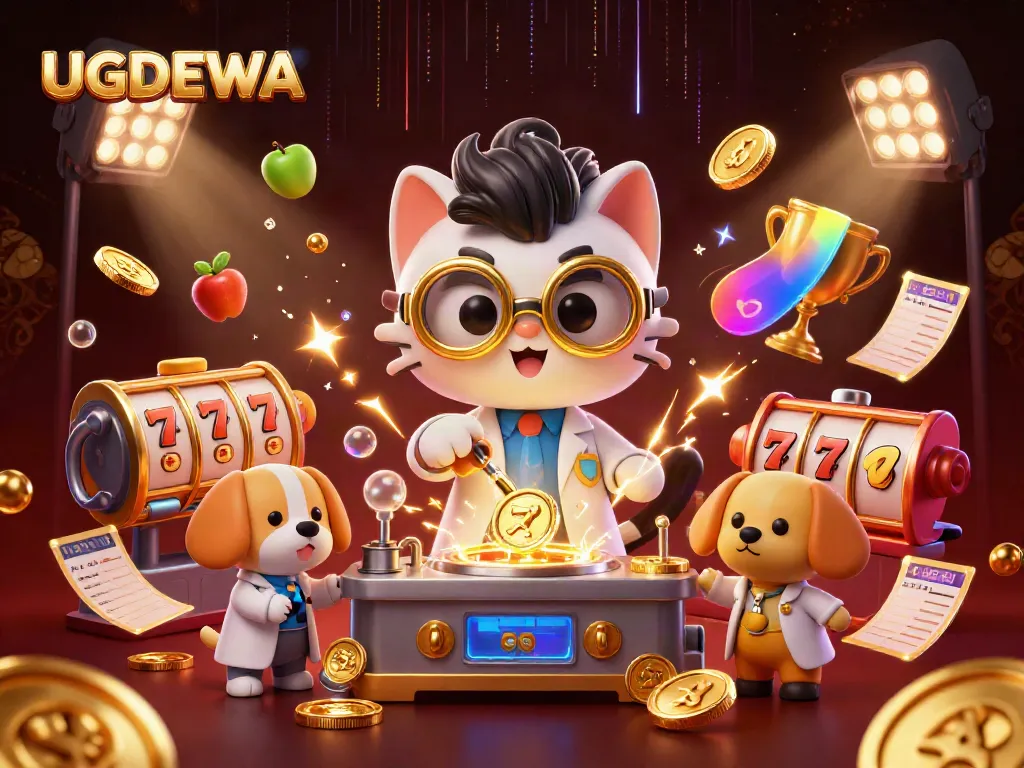 Engage in exciting gameplay with UGDEWA's vibrant promotional scene featuring a gold-coin-replication lab and dynamic slot elements.