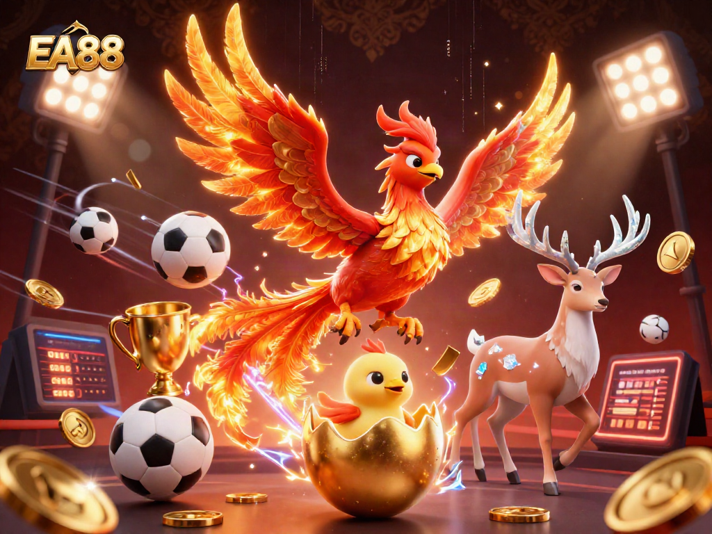 Engage with EA88, a lively scene filled with phoenixes, sports elements, and energy.