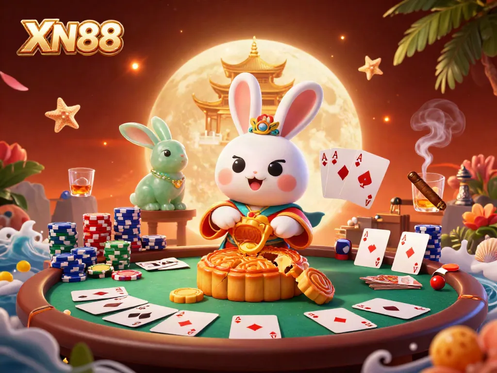 Play exciting games at XN88 Casino with a unique moon rabbit scene revealing poker chips and vibrant casino elements.