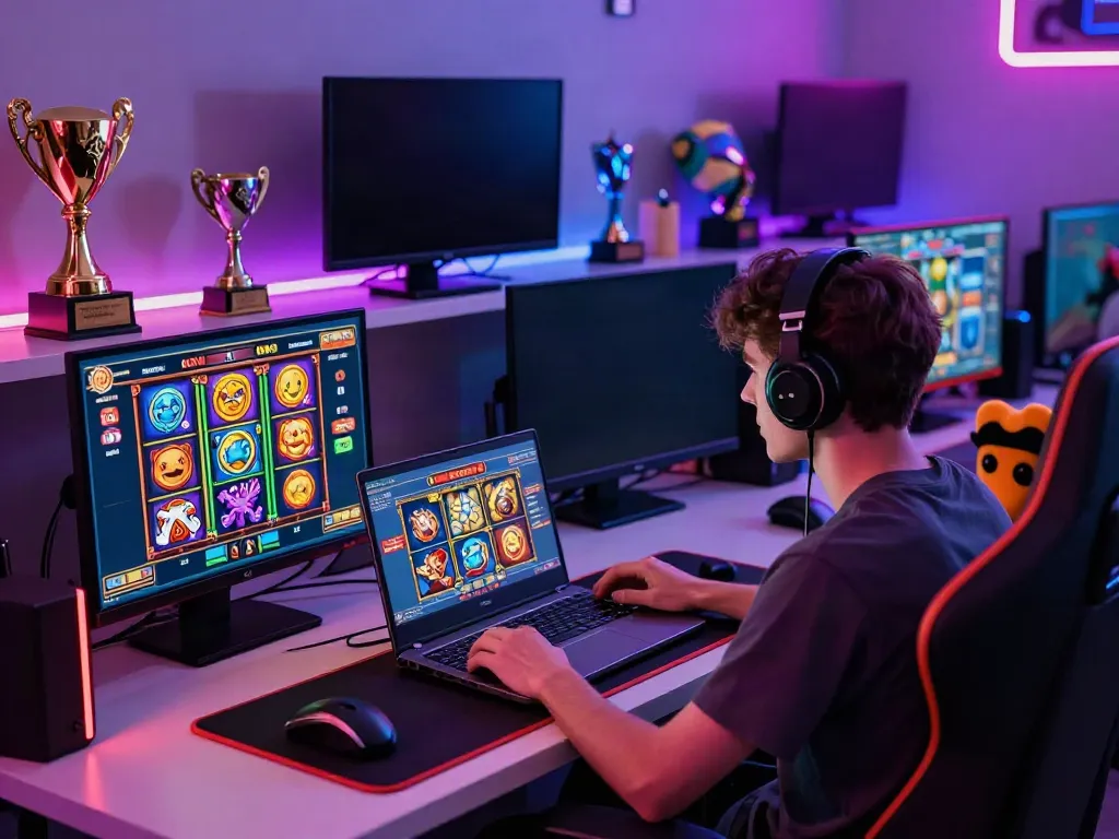 Engaging online gaming scene with ahha4d platform showcasing vibrant slot game icons and a player at their desk.