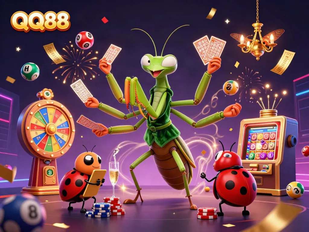 Experience explosive excitement at QQ88 with vibrant lottery balls and a lively casino scene.