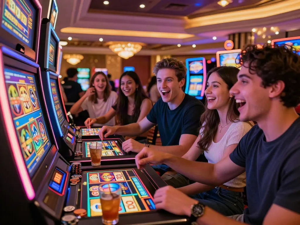 Friends enjoying a thrilling round at luxury12 slot machines in vibrant casino setting.