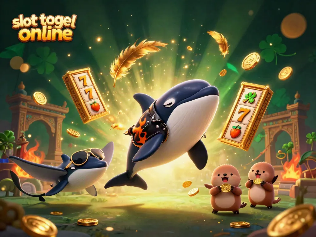 Permainan slot togel online yang mengasyikkan dengan karakter orca dan koin emas, penuh warna dan detail