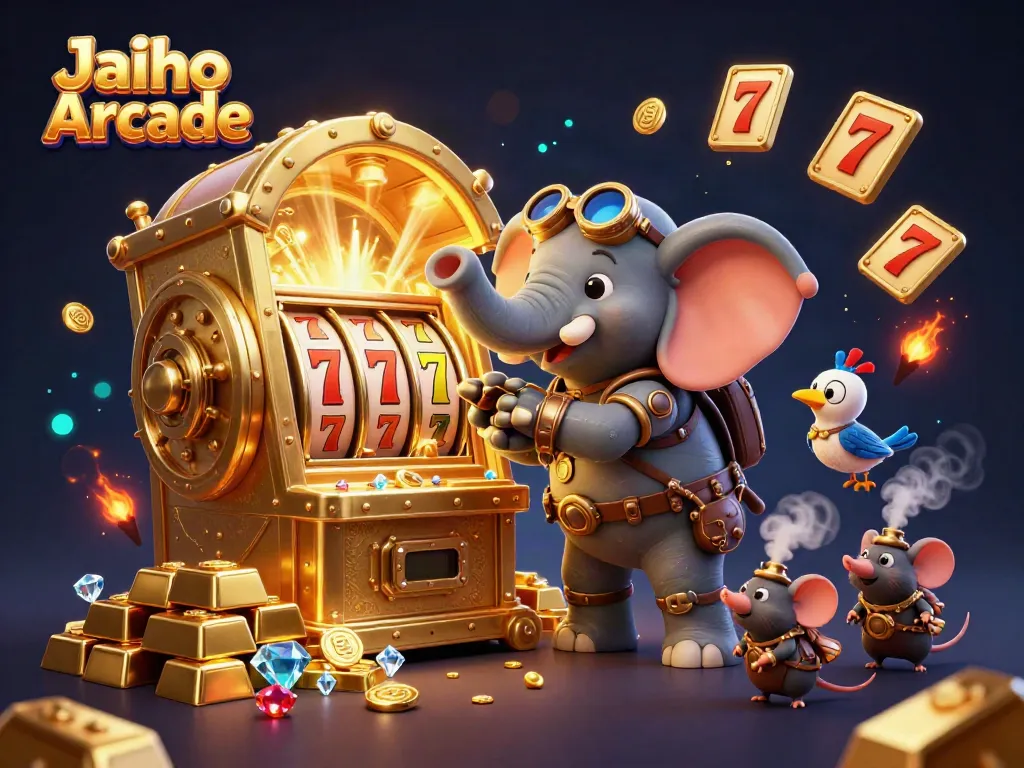 Experience the thrill of Jaiho Arcade with the steampunk elephant operating a golden slot machine amidst treasures.
