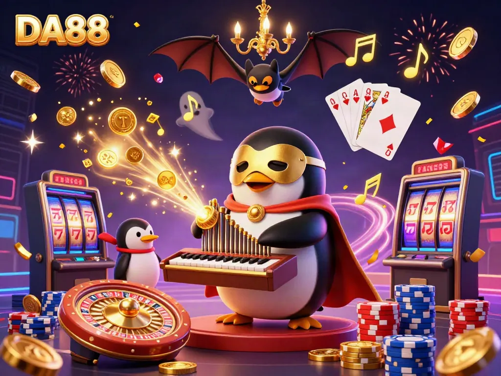 DA88 casino illustration featuring a penguin organist, bat acrobat, and vibrant gambling elements.