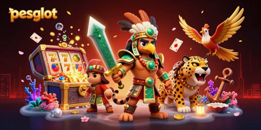 Menggambarkan PESGSLOT dengan karakter Aztec dan elemen permainan slot yang beragam, mendemonstrasikan pengalaman bermain yang menyenangkan.