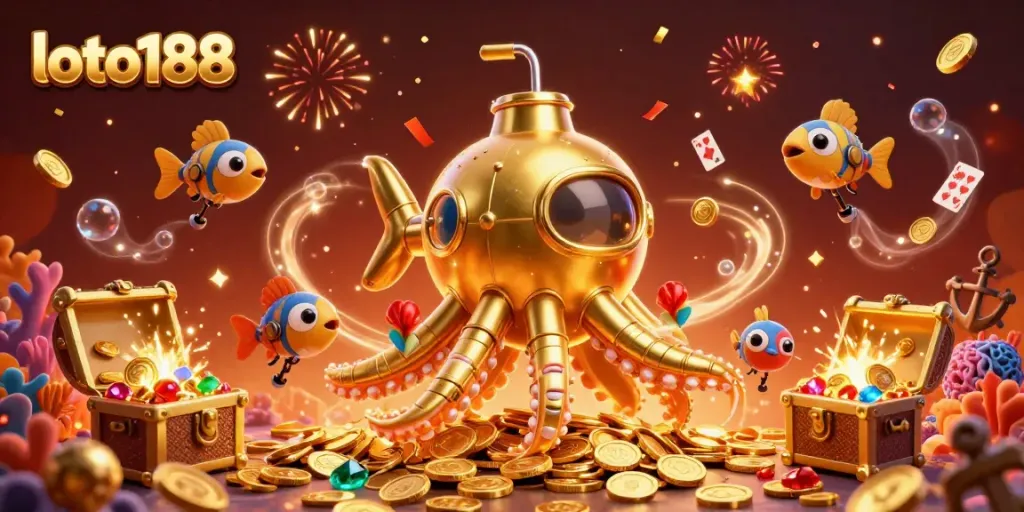 Experience the thrilling loto188 adventure with a golden kraken submarine amidst treasure and casino elements.