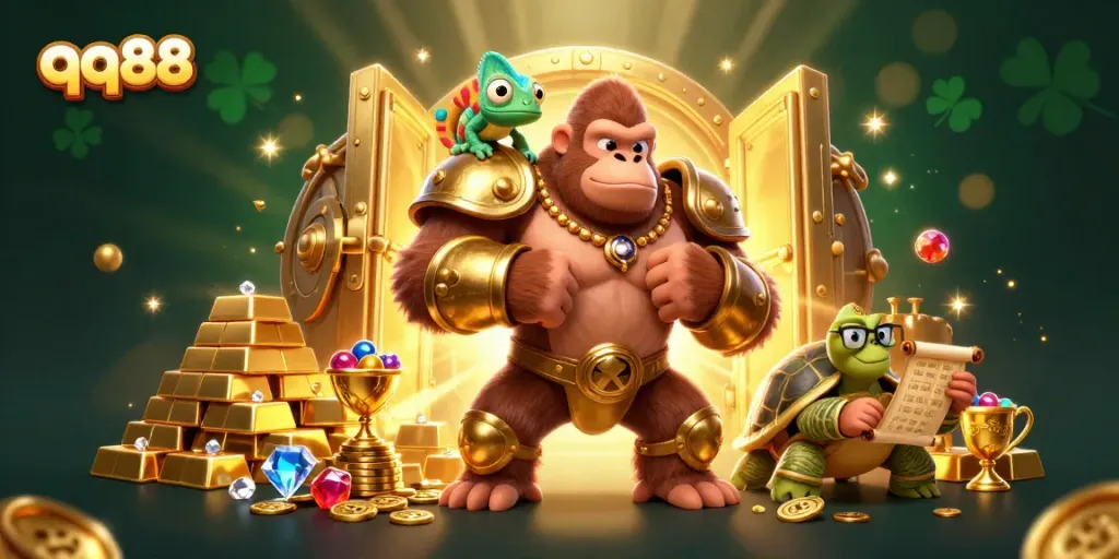 Experience thrilling gameplay with qq88 as a powerful gorilla and colorful chameleon amidst sparkling riches.