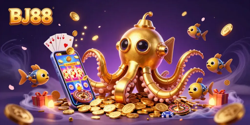 Play exciting BJ88 casino games with golden kraken submarine and vibrant slot visuals.