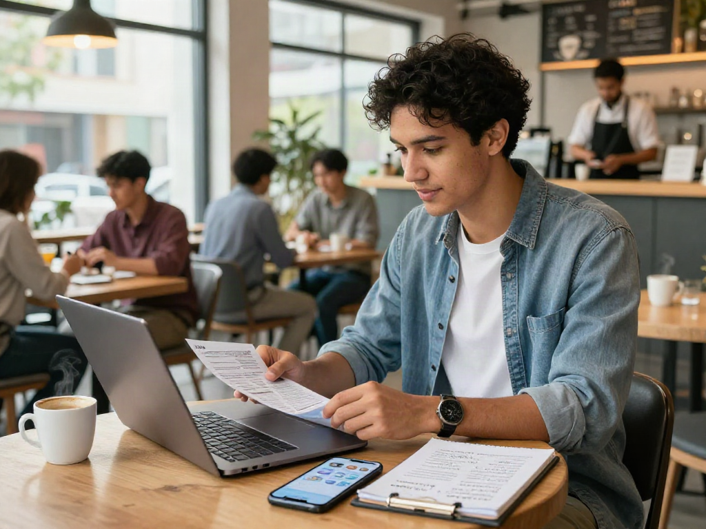 Young professional searching for หางาน opportunities in a vibrant café
