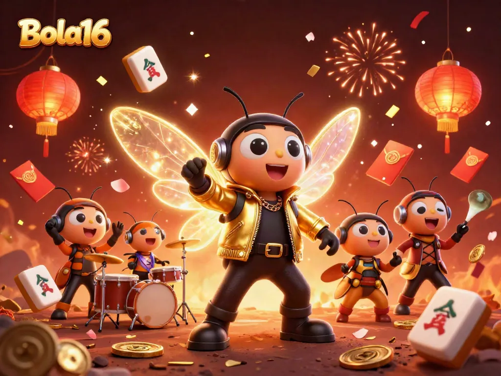 Bola16 showcases an energetic celebration with a rock star cicada and vibrant casino elements.