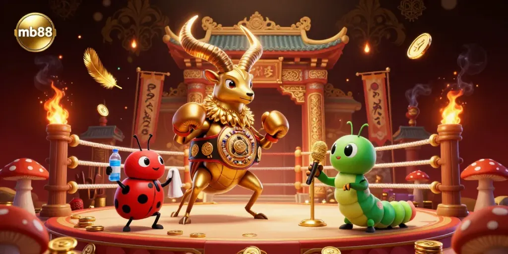 Experience mb88's thrilling gaming scene with a golden stag beetle champion and vivid casino elements.