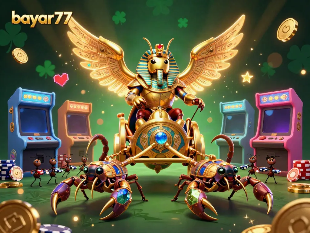 Engage in thrilling gaming with bayar77, featuring a golden scarab character in a vibrant casino scene.