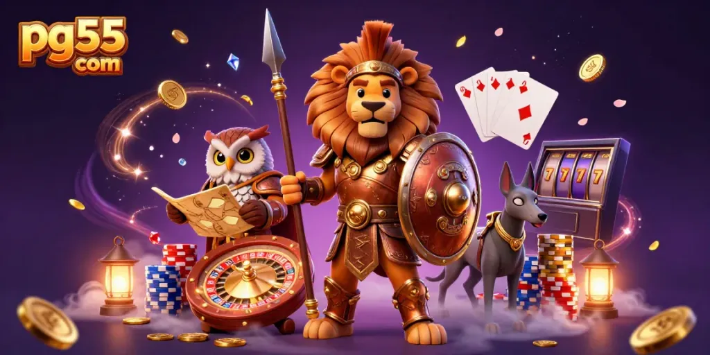 Experience thrilling moments at pg55 com with a lively casino scene featuring a Spartan lion and vibrant game elements.