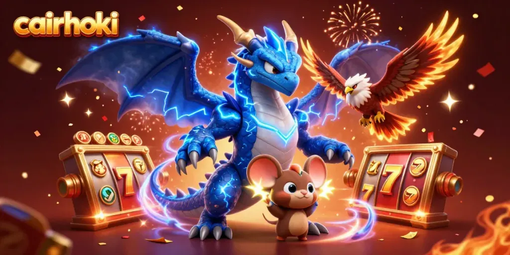 Gambarkan petualangan cairhoki dengan naga petir dan simbol slot cerah untuk promosi kasino.
