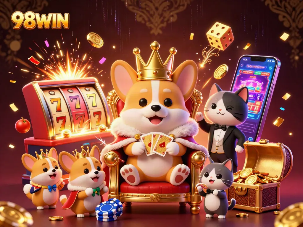 Engage with 98WIN's dazzling casino scene featuring a royal corgi and a jackpot slot machine.