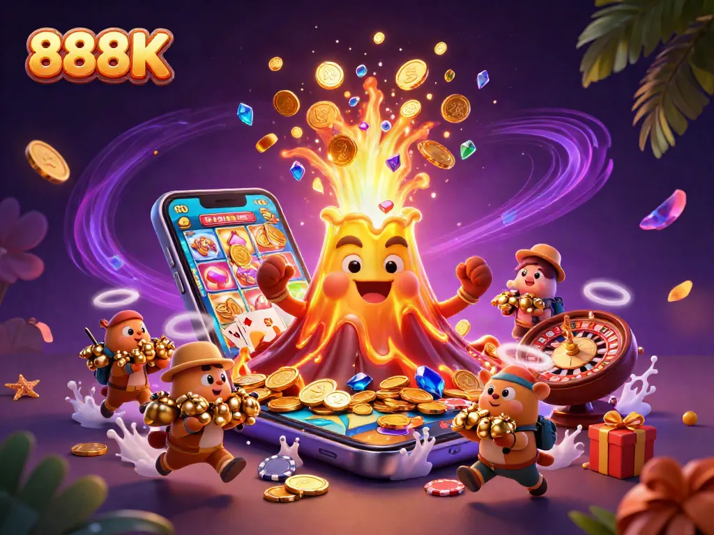 Spin the reels and win big at 888K with this vibrant casino illustration showcasing thrilling gaming elements.