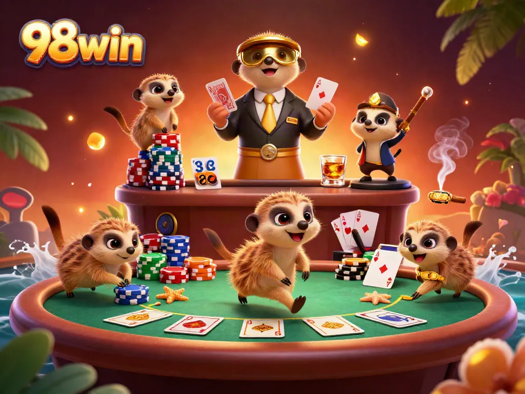 Experience thrilling gameplay at 98win with meerkats running a lively casino scene.