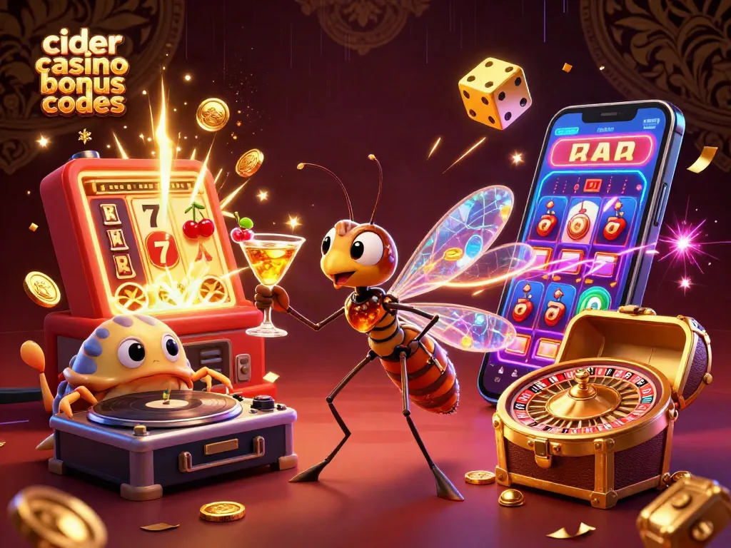 Experience thrilling wins with Cider Casino bonus codes in this vibrant 3D casino scene.