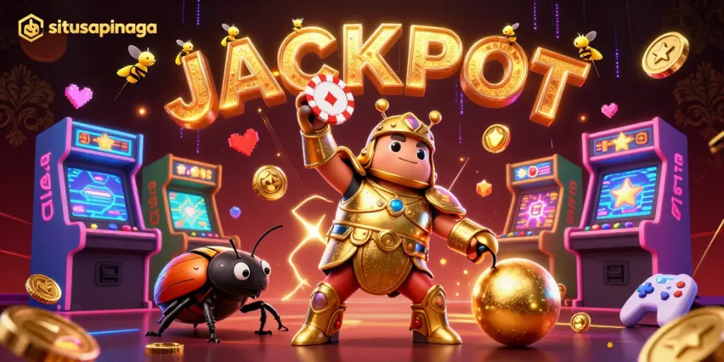 Situsapinaga features a vibrant 3D art scene with a gladiator beetle lifting a winning poker chip, symbolizing success in online gaming.