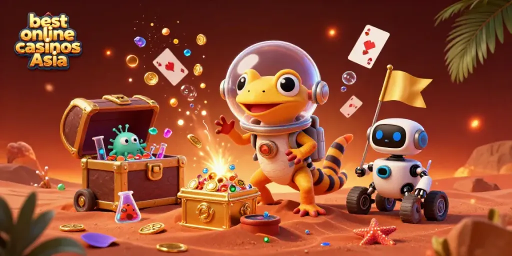 Experience dynamic games at the best online casinos Asia with a Martian gecko and casino elements.