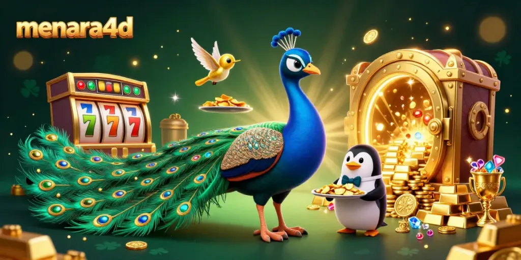 Play at menara4d in a vibrant 3D casino illustration showcasing characters with golden chips and slot reels.