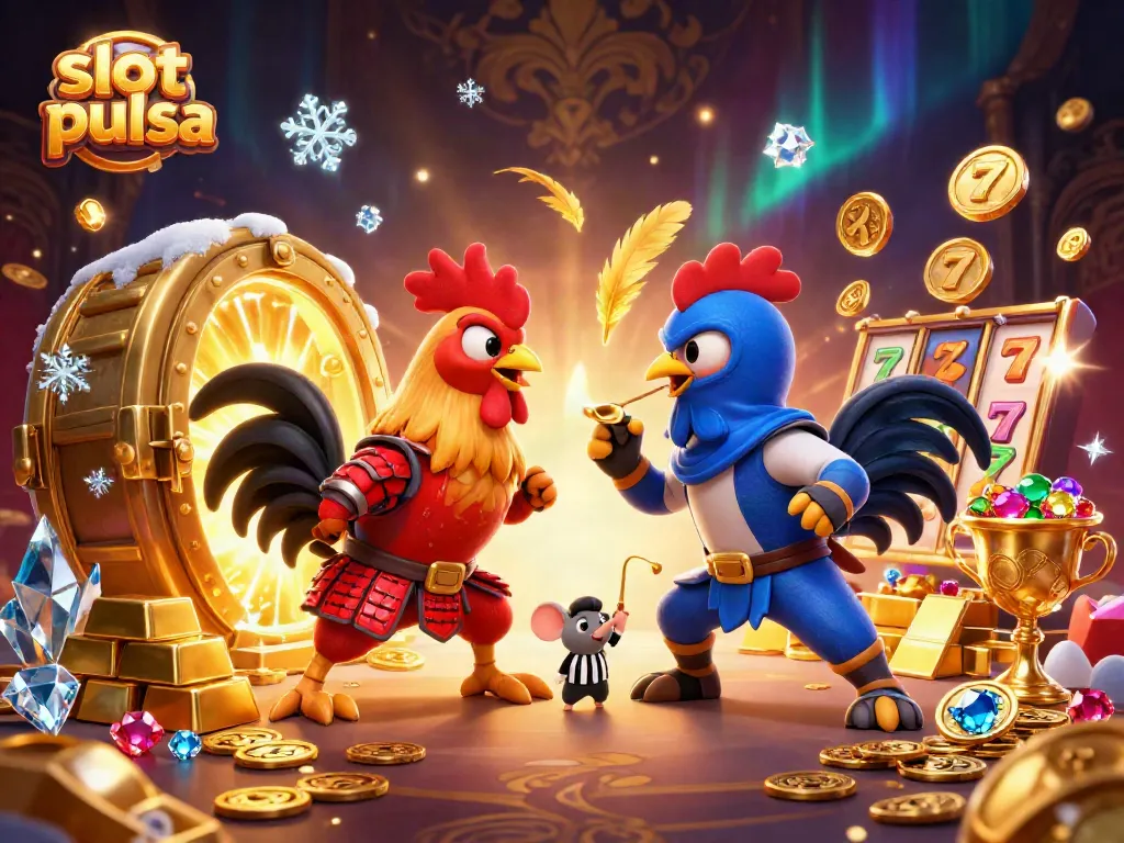 Engage in dynamic slot pulsa action with illustrated roosters amidst treasures and slot reels.
