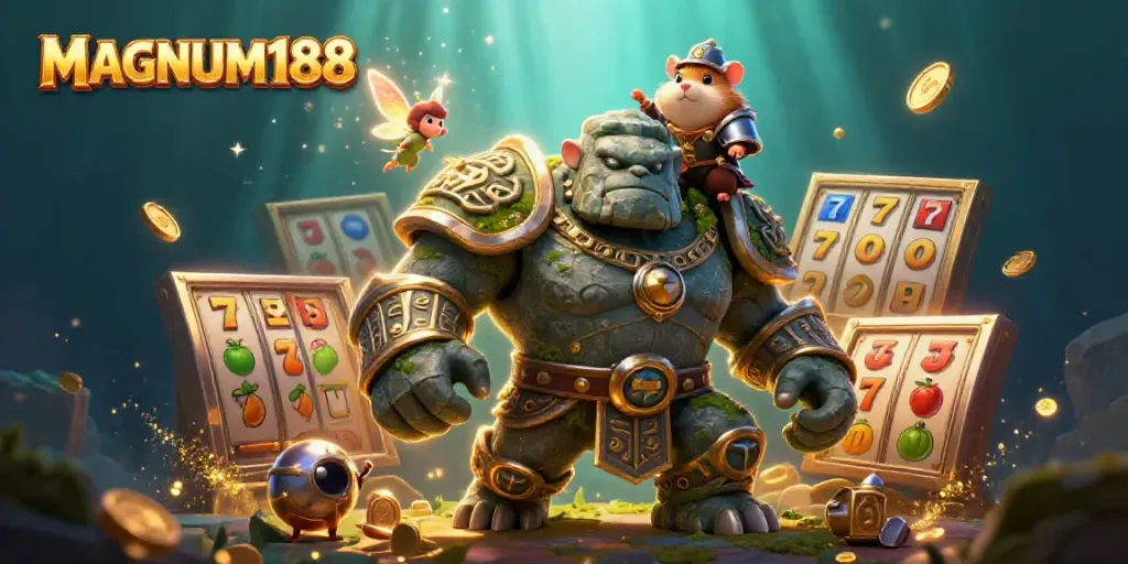 Experience the MAGIC of MAGNUM188 with vibrant slot-themed characters and thrilling jackpots!