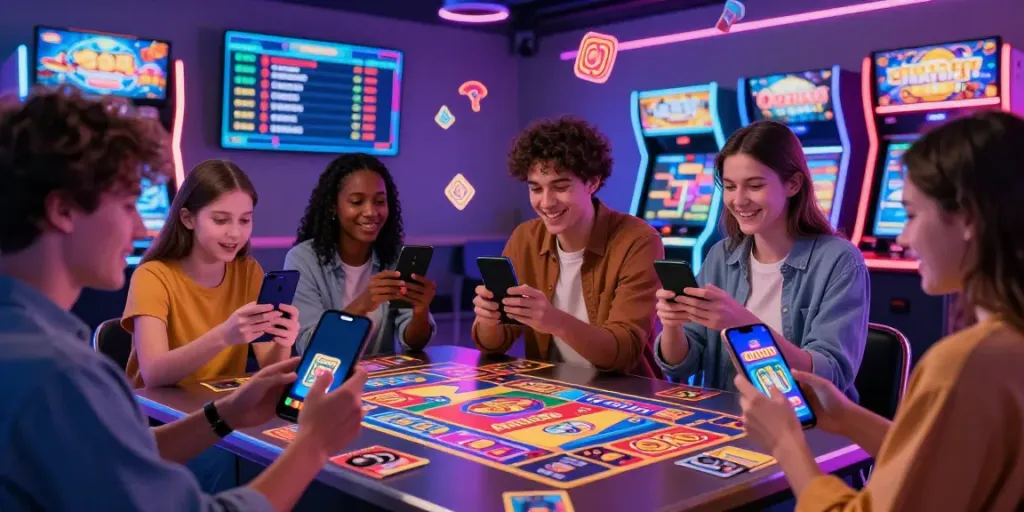 Exciting yono arcade gaming atmosphere with friends playing mobile games in a neon-lit virtual environment.