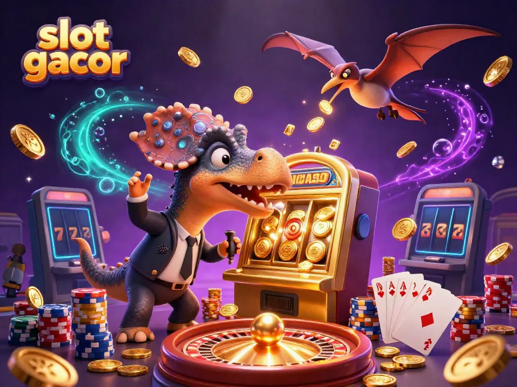 Experience the excitement of slot gacor with a dinosaur-themed jackpot scene filled with coins and vibrant energy.