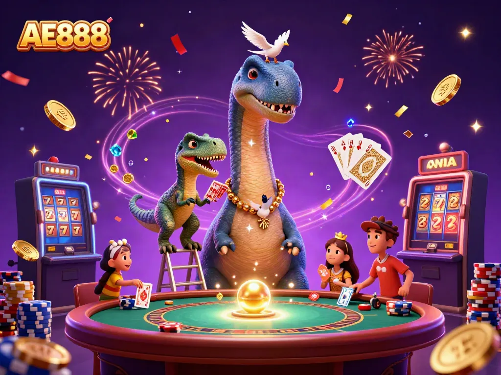 Players enjoy AE888's vibrant casino atmosphere with an interactive dinosaur scene.