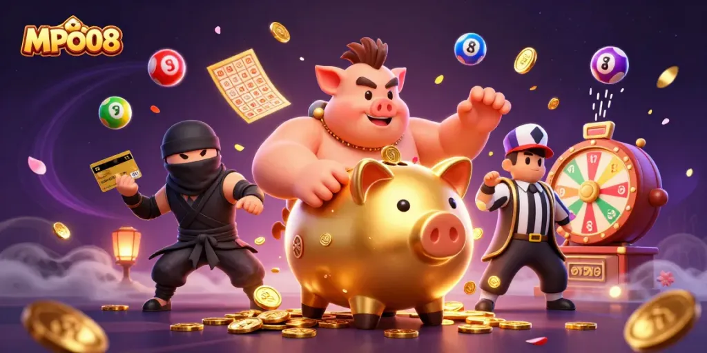 MPO08 features a golden piggy bank sumo wrestler surrounded by vibrant lottery elements, enhancing your gaming excitement.