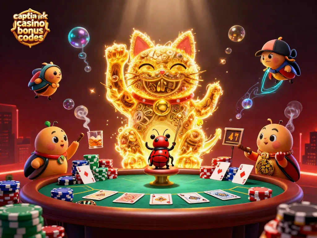 Win with captain jack casino bonus codes, featuring golden fireflies and poker elements in a dynamic scene.