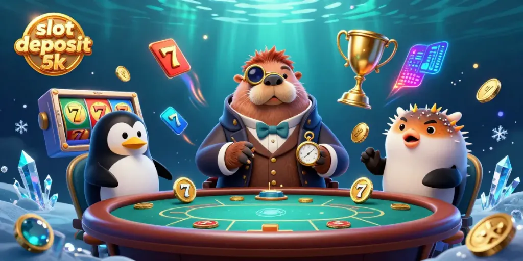 Experience thrilling gameplay with slot deposit 5k, a jolly walrus playing slots at an underwater table.