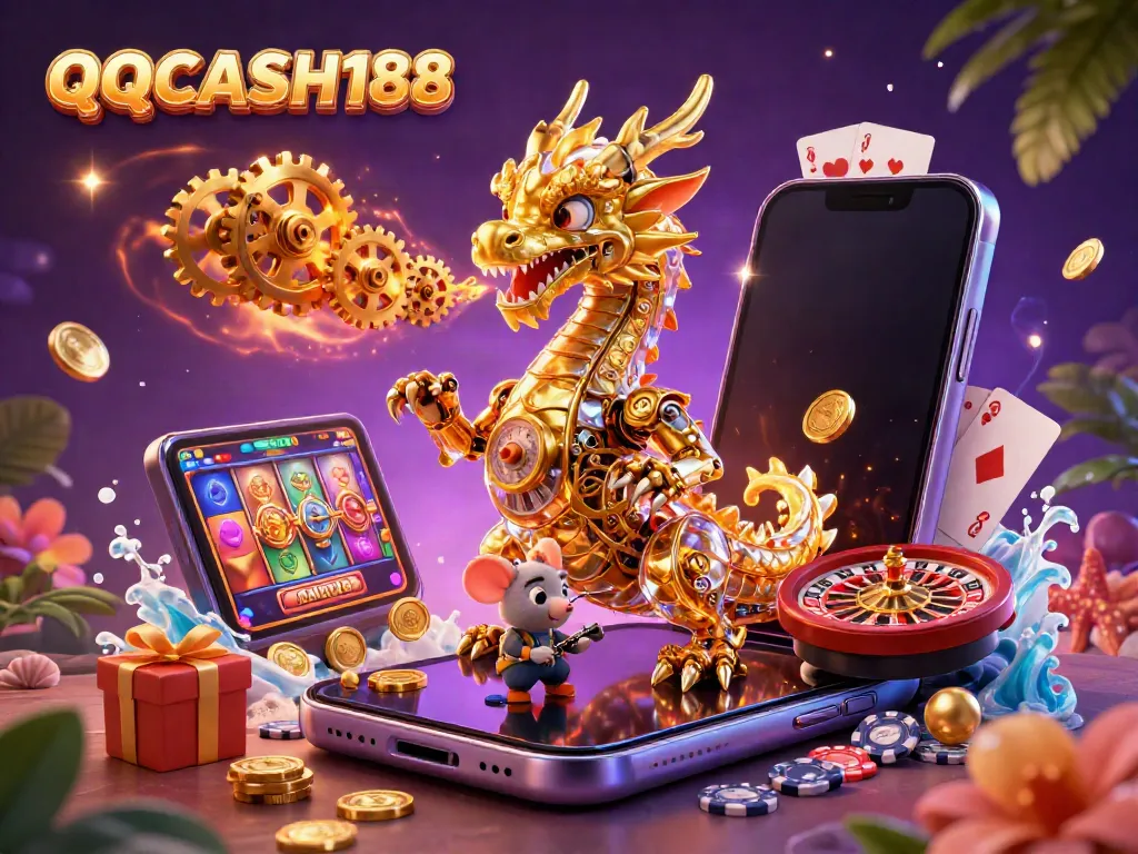 Experience the thrilling casino atmosphere at QQCASH188 with a golden dragon breathing cogs, surrounded by vibrant gaming elements.