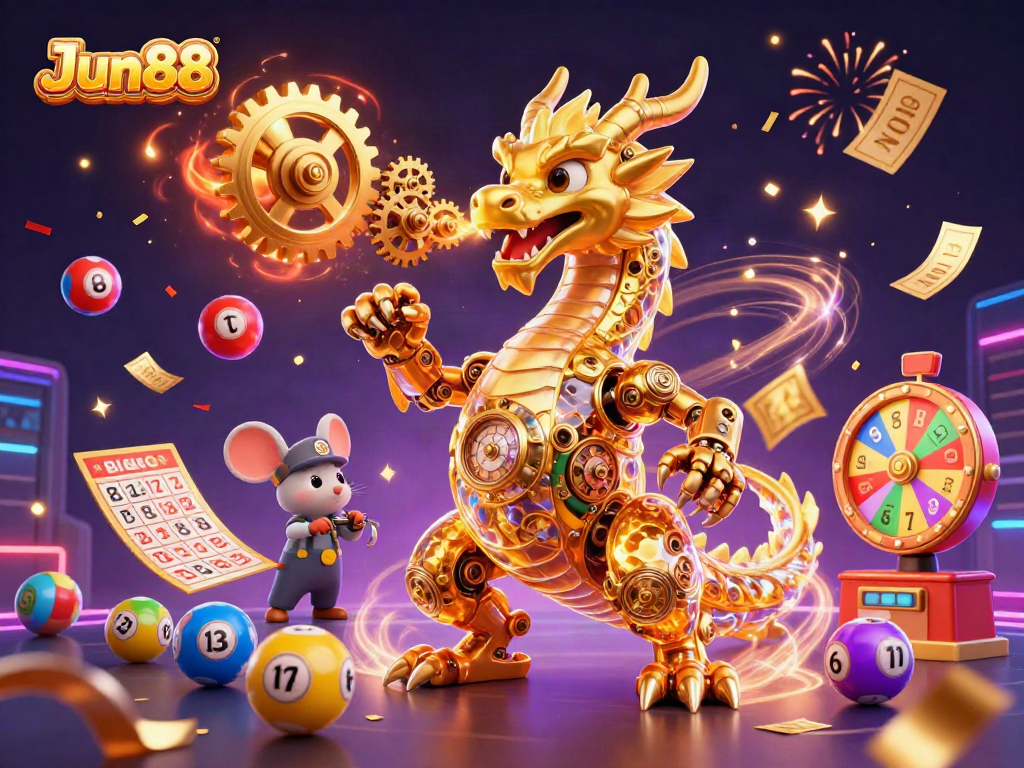 Experience Jun88's thrilling lottery world filled with dynamic games and vibrant celebrations.