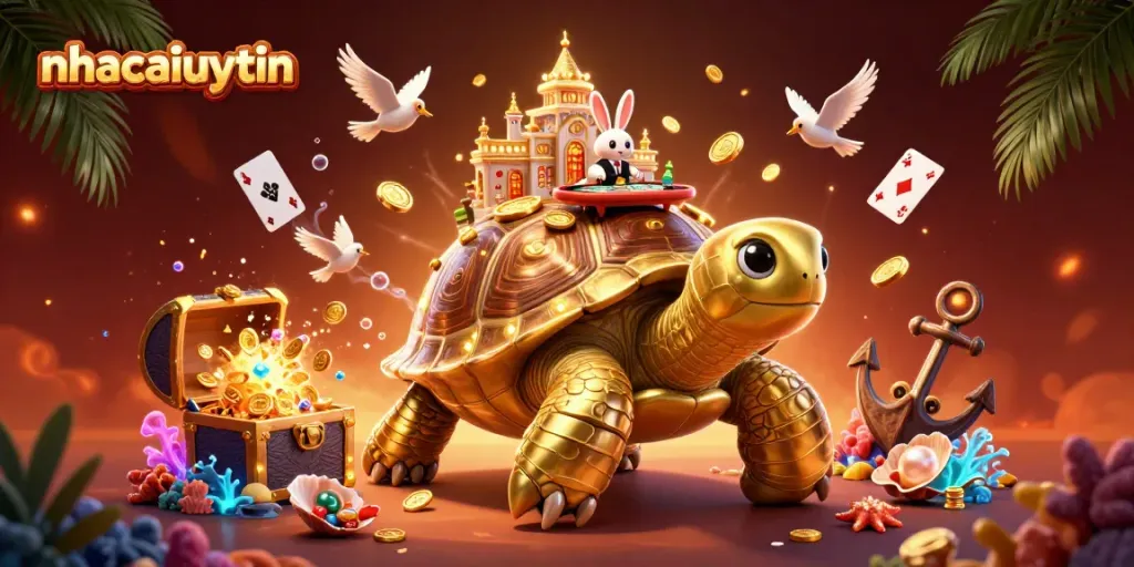 Enhance your gaming experience with nhacaiuytin in a vibrant casino scene featuring a golden tortoise and a rabbit dealer.
