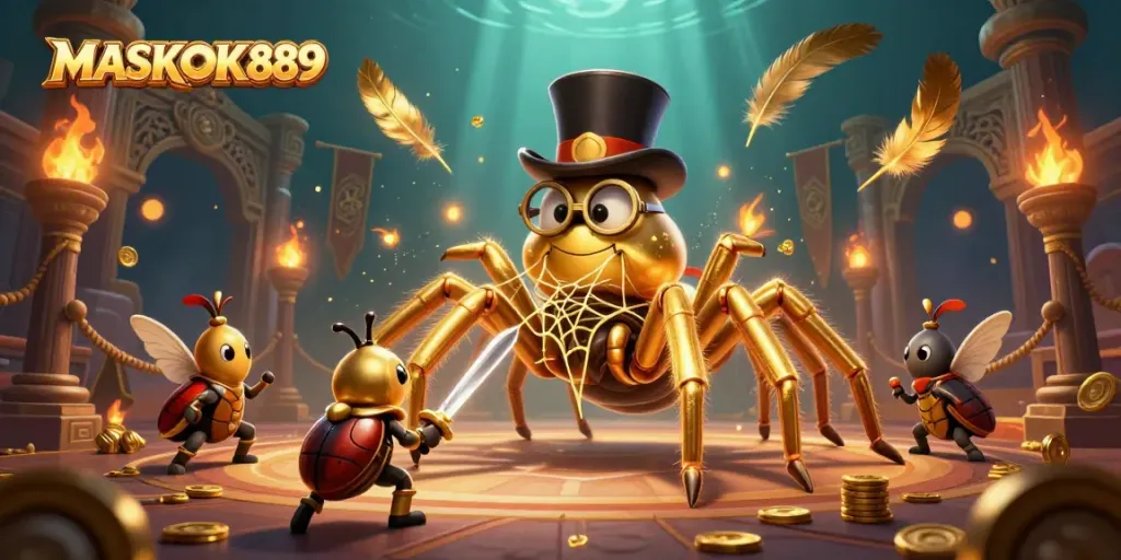 Engage in thrilling gameplay at MASKOKI889 with a dynamic casino scene featuring a golden tarantula and a beetle knight.