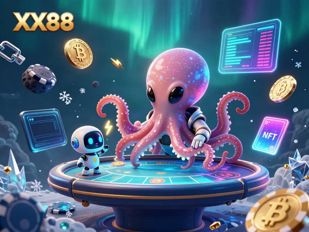 Engage with the mesmerizing XX88 universe as a cartoon alien octopus plays poker surrounded by crypto coins.