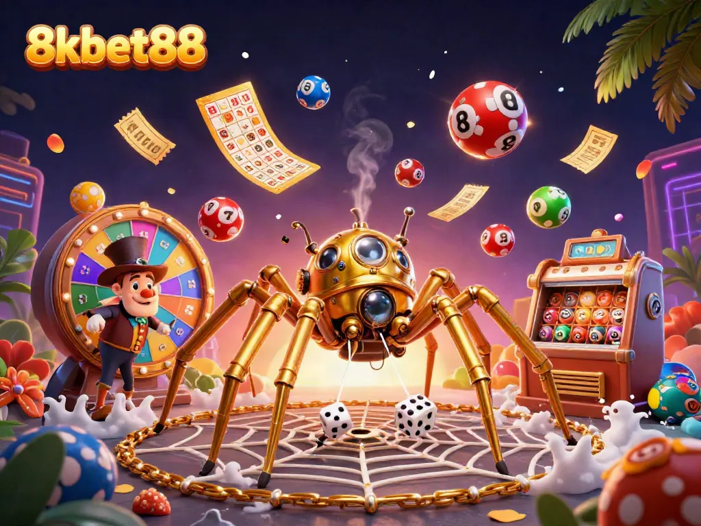 Engage with thrilling gaming excitement at 8xbet88, featuring dynamic lottery elements and a whimsical golden spider.