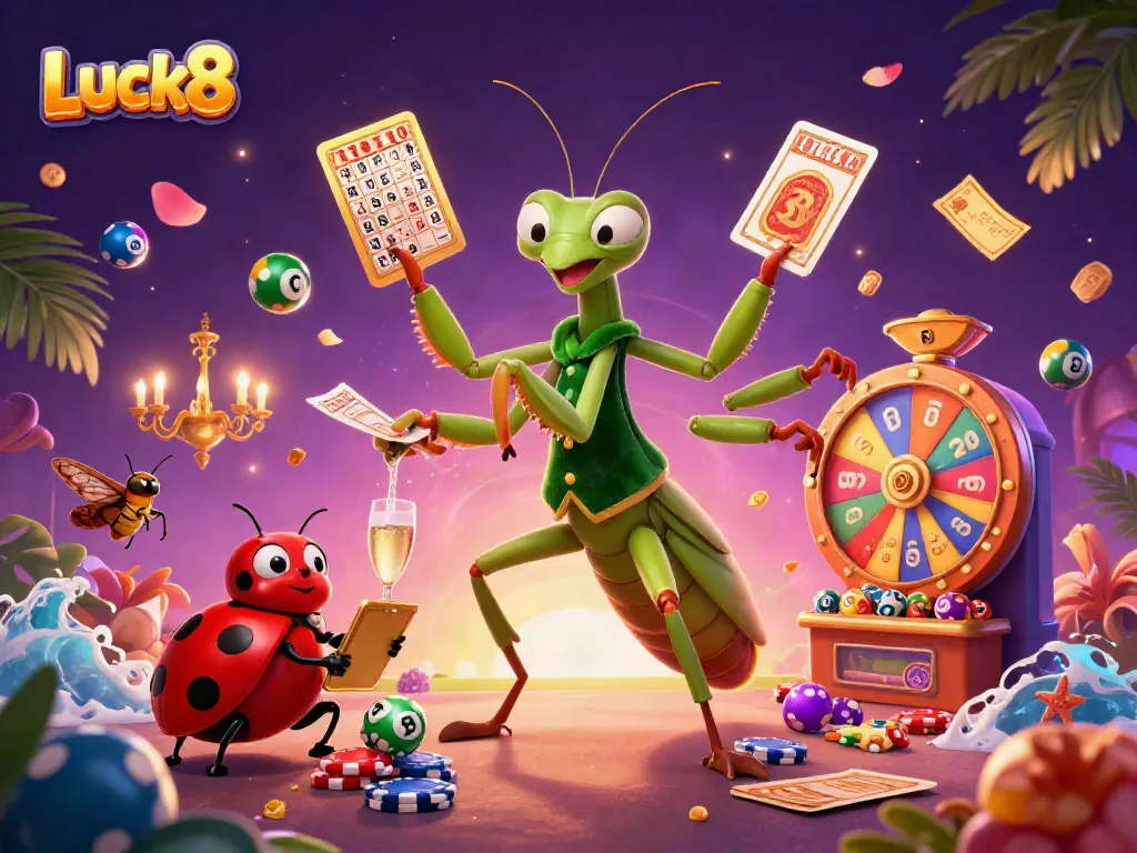 Luck8 features a casino scene with a large praying mantis card sharp, ladybug pit boss, and vibrant gaming elements.