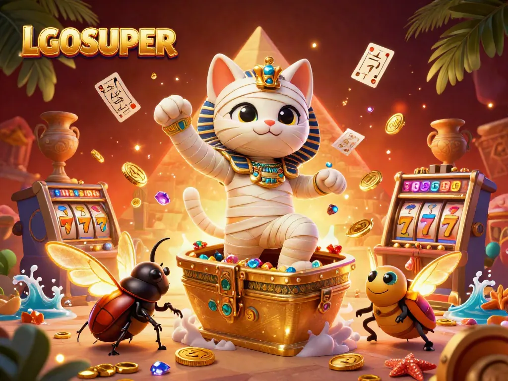 Engage with LGOSUPER's thrilling gaming experience featuring a cartoon Egyptian mummy cat alongside a scarab in a dynamic casino setting.