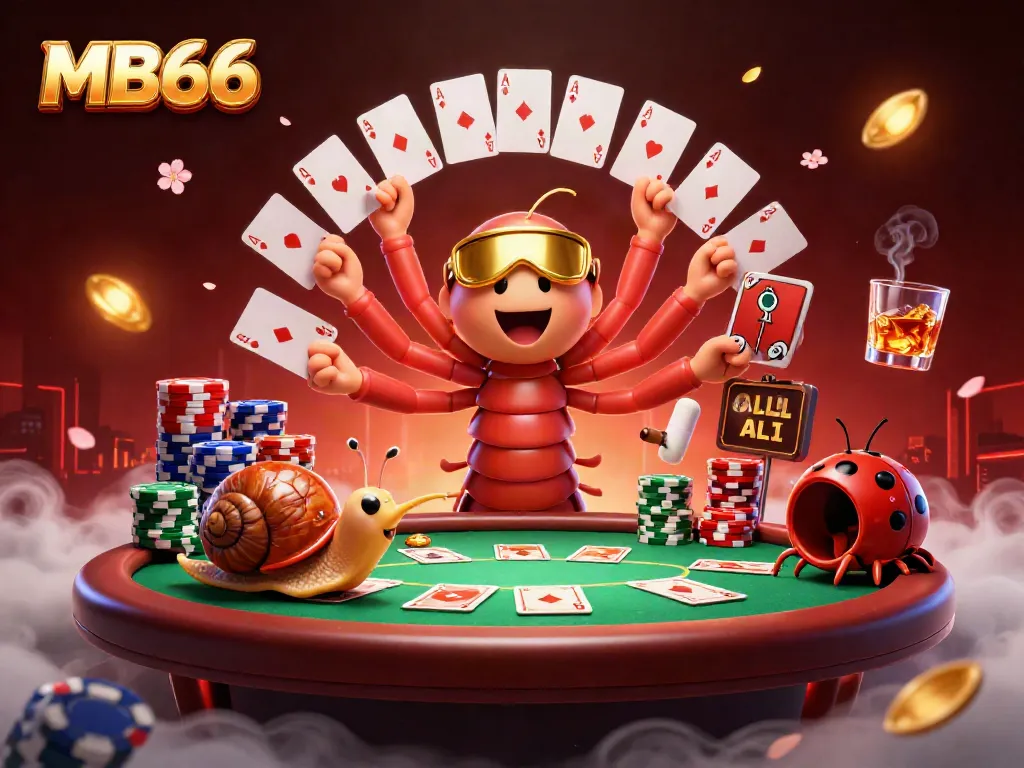 Experience vibrant MB66 poker action with a unique cartoon dealer and colorful chips.