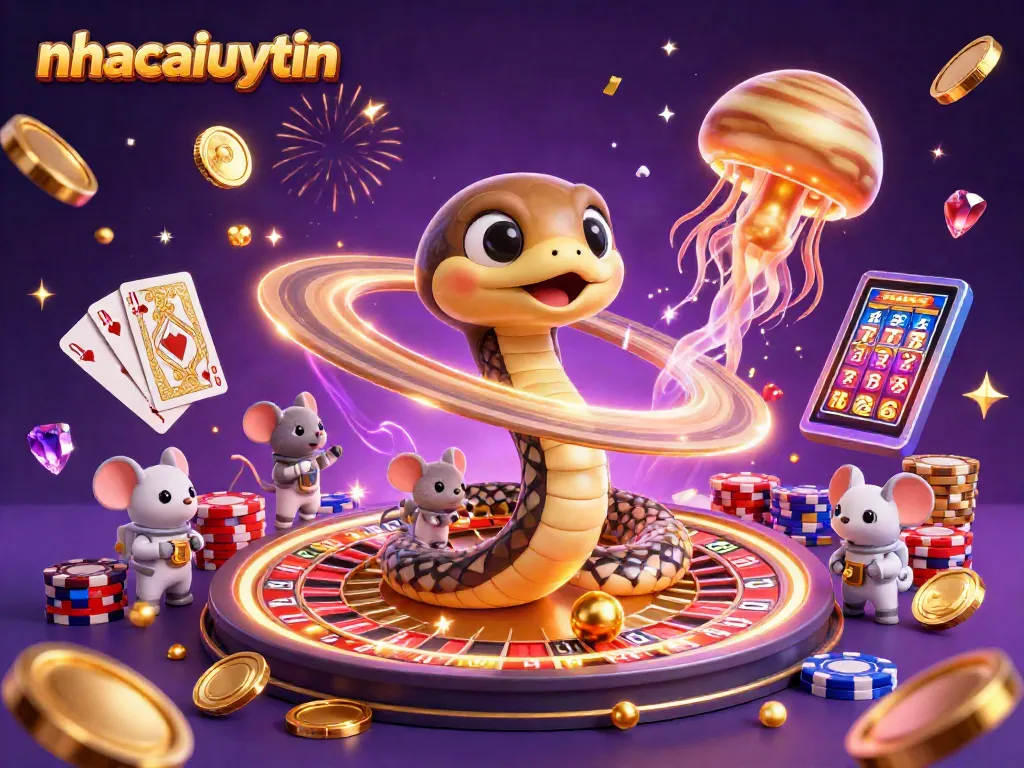 Enjoy thrilling bets with nhacaiuytin at a cosmic casino, featuring colorful characters and vibrant game elements.