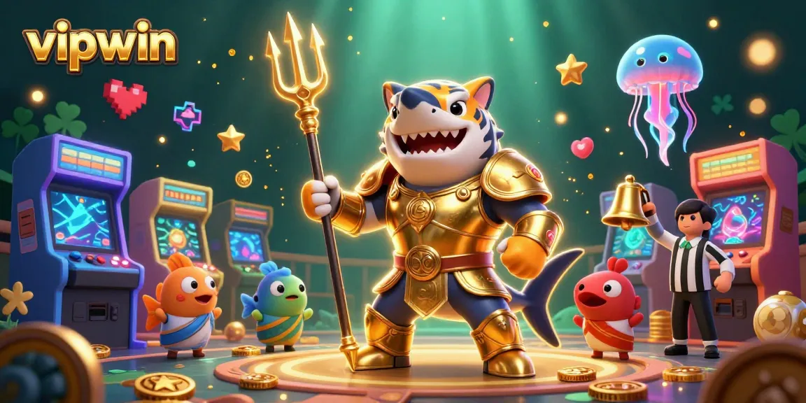 Experience the thrill of vipwin with a vibrant underwater casino scene featuring a tiger shark in gladiator armor.