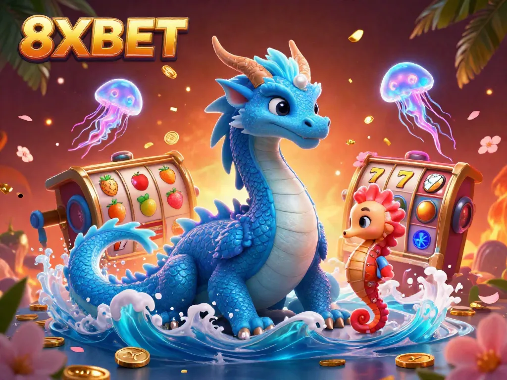 Experience the exhilarating thrill of 8XBET with an azure dragon and slot reels in this rich, colorful illustration.