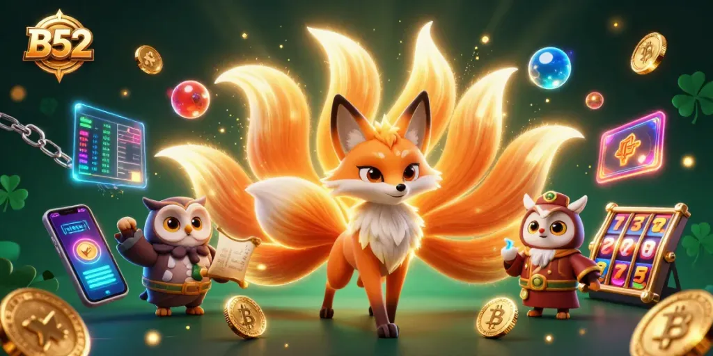 Experience the thrilling B52 casino adventure with vibrant neon coins and exciting slot elements.