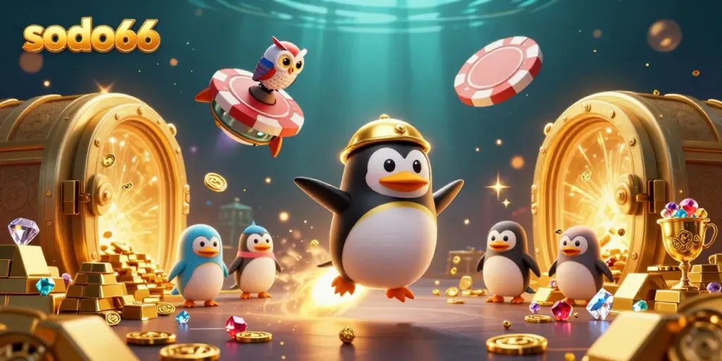 Experience thrilling gameplay at sodo66 with a golden penguin navigating vibrant casino treasures amidst sparkling gems