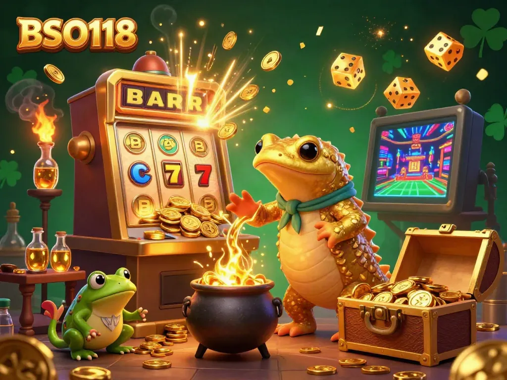 Experience the vibrant action of BSO118 with a golden salamander alchemist amidst exploding jackpots and casino games.