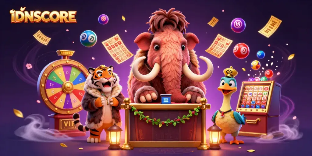 IDNSCORE lottery scene featuring a woolly mammoth bouncer and vibrant game elements.
